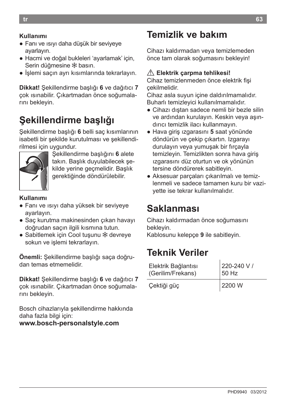 Temizlik ve bakım, Saklanması, Teknik veriler | Şekillendirme başlığı | Bosch PHD9940 Profi-Haartrockner ProSalon PowerAC Compact User Manual | Page 65 / 98