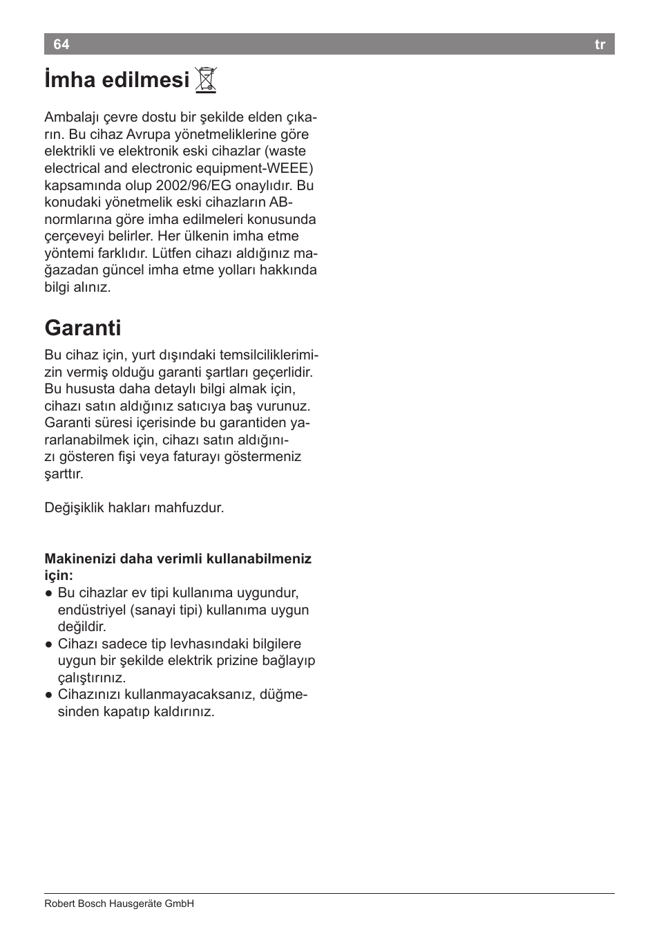 Imha edilmesi, Garanti | Bosch PHD9940 Profi-Haartrockner ProSalon PowerAC Compact User Manual | Page 66 / 98