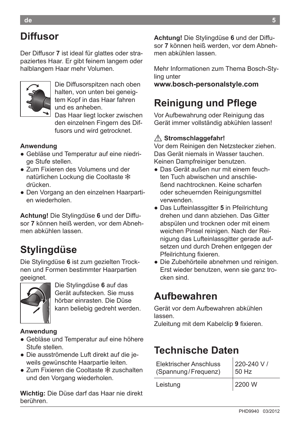 Reinigung und pflege, Aufbewahren, Technische daten | Diffusor, Stylingdüse | Bosch PHD9940 Profi-Haartrockner ProSalon PowerAC Compact User Manual | Page 7 / 98