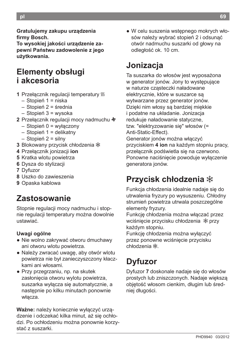 Jonizacja, Przycisk chłodzenia, Dyfuzor | Elementy obsługi i akcesoria, Zastosowanie | Bosch PHD9940 Profi-Haartrockner ProSalon PowerAC Compact User Manual | Page 71 / 98