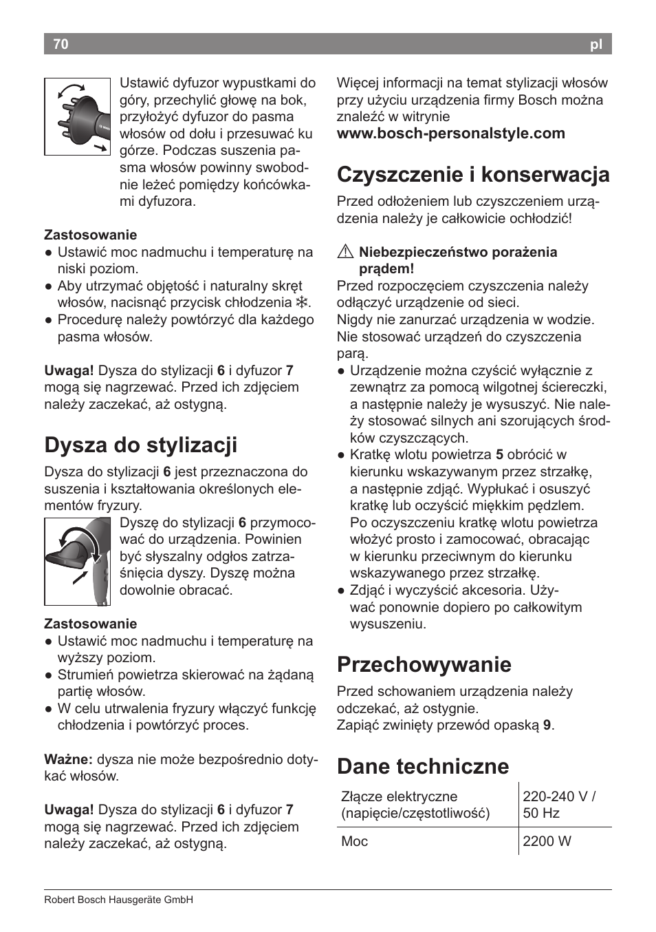 Dysza do stylizacji, Czyszczenie i konserwacja, Przechowywanie | Dane techniczne | Bosch PHD9940 Profi-Haartrockner ProSalon PowerAC Compact User Manual | Page 72 / 98