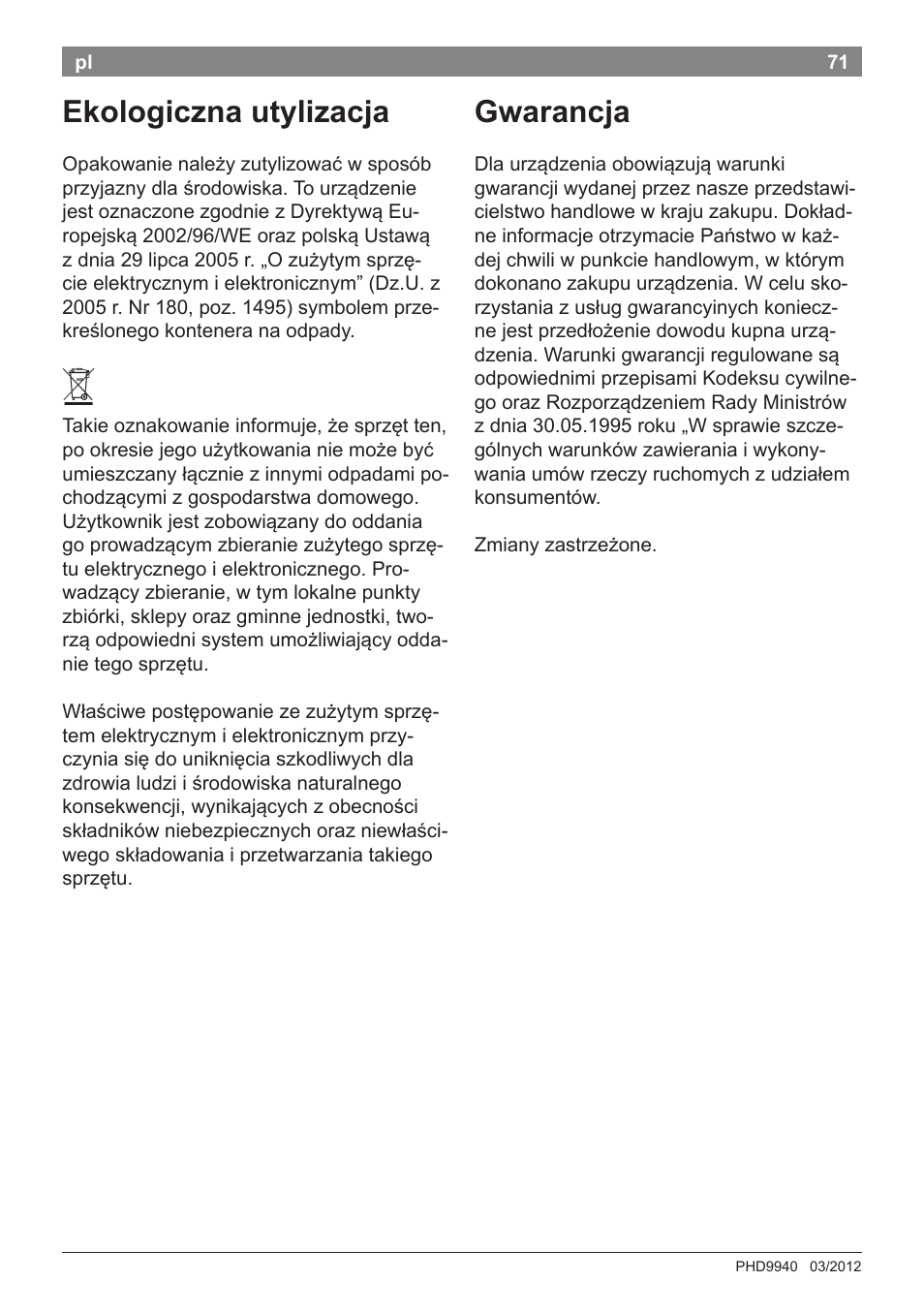 Ekologiczna utylizacja, Gwarancja | Bosch PHD9940 Profi-Haartrockner ProSalon PowerAC Compact User Manual | Page 73 / 98