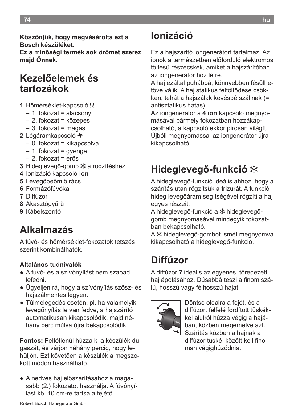 Ionizáció, Hideglevegő­funkció, Diffúzor | Kezelőelemek és tartozékok, Alkalmazás | Bosch PHD9940 Profi-Haartrockner ProSalon PowerAC Compact User Manual | Page 76 / 98