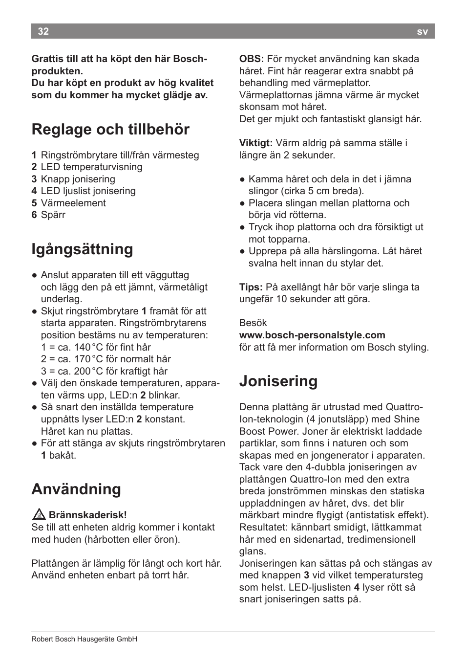 Reglage och tillbehör, Igångsättning, Användning | Jonisering | Bosch PHS5263 Haarglätter BrilliantCare Quattro-Ion User Manual | Page 34 / 90