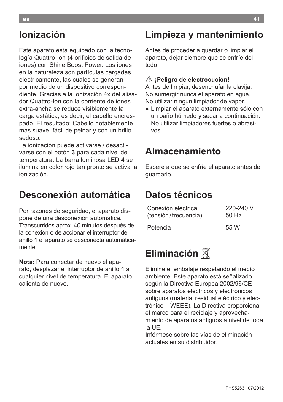 Ionización, Desconexión automática, Limpieza y mantenimiento | Almacenamiento, Datos técnicos, Eliminación | Bosch PHS5263 Haarglätter BrilliantCare Quattro-Ion User Manual | Page 43 / 90