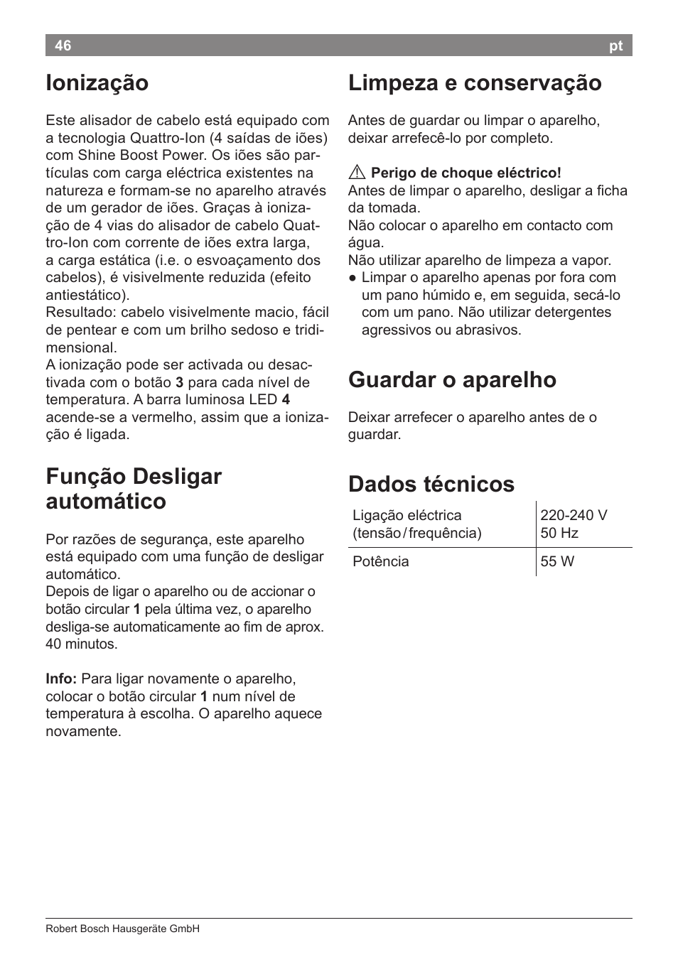 Ionização, Função desligar automático, Limpeza e conservação | Guardar o aparelho, Dados técnicos | Bosch PHS5263 Haarglätter BrilliantCare Quattro-Ion User Manual | Page 48 / 90