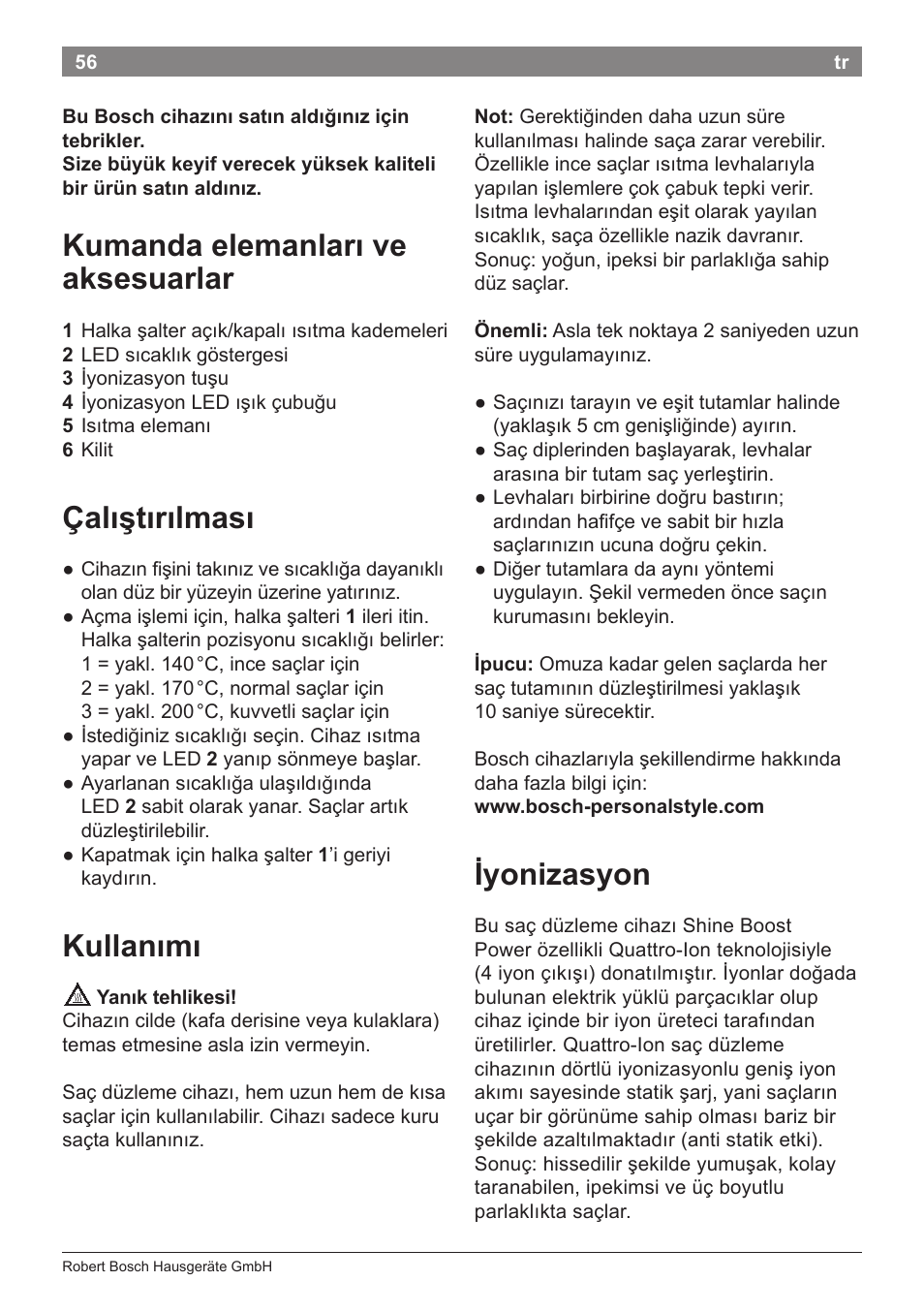 Kumanda elemanları ve aksesuarlar, Çalıştırılması, Kullanımı | Iyonizasyon | Bosch PHS5263 Haarglätter BrilliantCare Quattro-Ion User Manual | Page 58 / 90