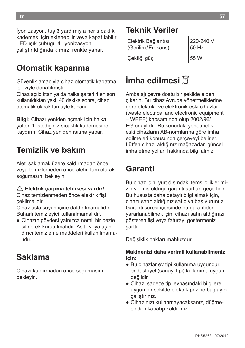 Otomatik kapanma, Temizlik ve bakım, Saklama | Teknik veriler, Imha edilmesi, Garanti | Bosch PHS5263 Haarglätter BrilliantCare Quattro-Ion User Manual | Page 59 / 90