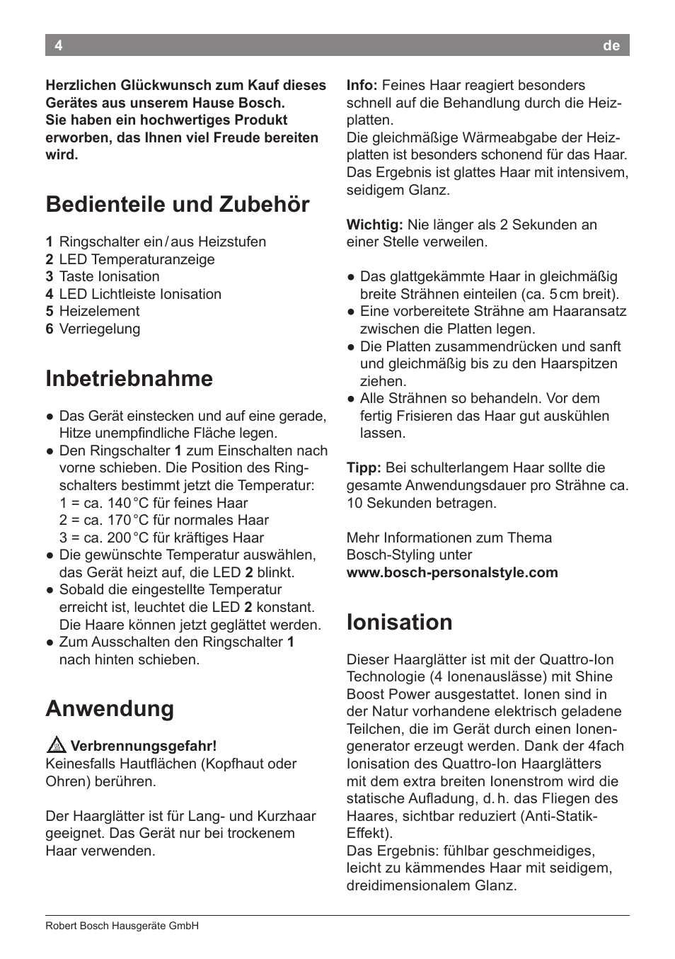 Bedienteile und zubehör, Inbetriebnahme, Anwendung | Ionisation | Bosch PHS5263 Haarglätter BrilliantCare Quattro-Ion User Manual | Page 6 / 90