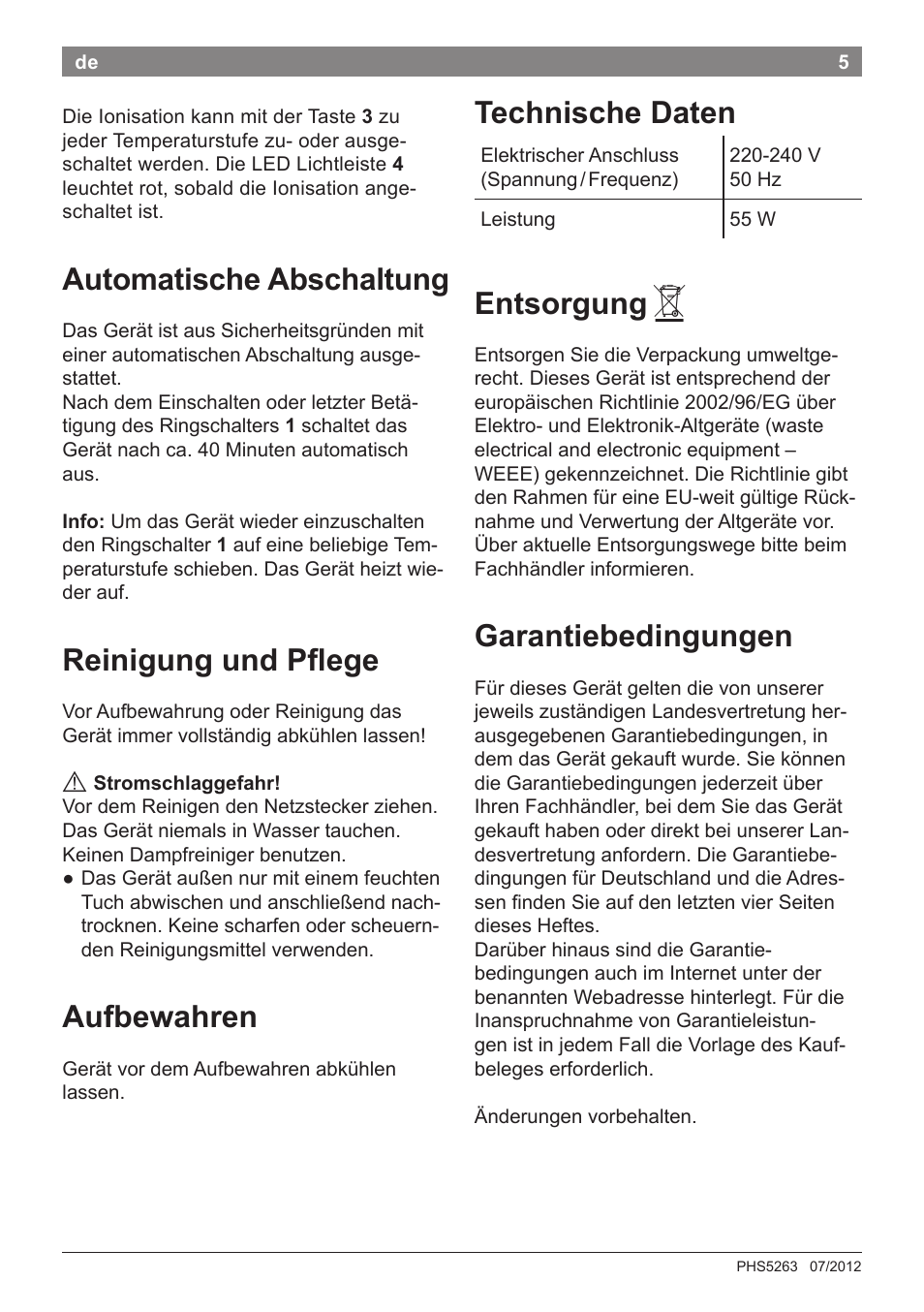 Automatische abschaltung, Reinigung und pflege, Aufbewahren | Technische daten, Entsorgung, Garantiebedingungen | Bosch PHS5263 Haarglätter BrilliantCare Quattro-Ion User Manual | Page 7 / 90