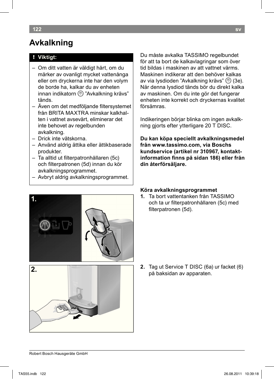 Avkalkning | Bosch TASSIMO Multi-Getränke-Automat T55 TAS5542 opal black schwarz User Manual | Page 124 / 190