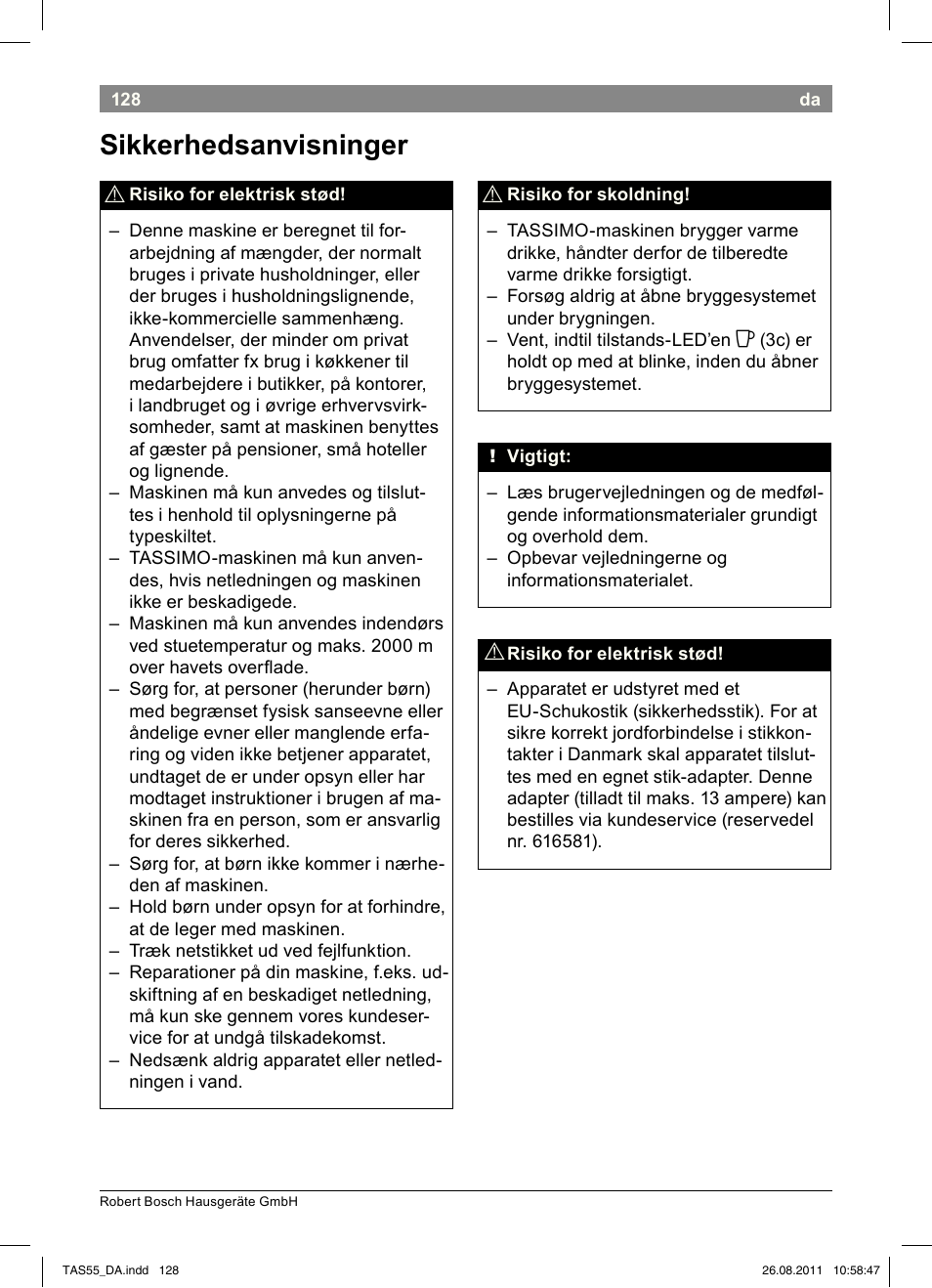 Sikkerhedsanvisninger | Bosch TASSIMO Multi-Getränke-Automat T55 TAS5542 opal black schwarz User Manual | Page 130 / 190