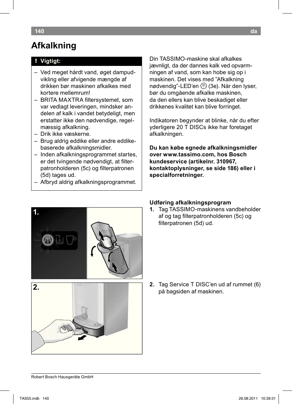 Afkalkning | Bosch TASSIMO Multi-Getränke-Automat T55 TAS5542 opal black schwarz User Manual | Page 142 / 190