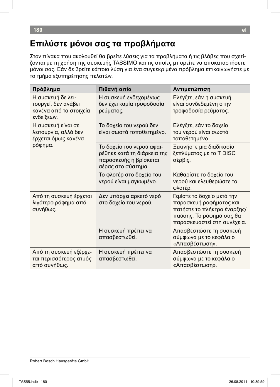Επιλύστε!μόνοι!σας!τα!προβλήματα | Bosch TASSIMO Multi-Getränke-Automat T55 TAS5542 opal black schwarz User Manual | Page 182 / 190