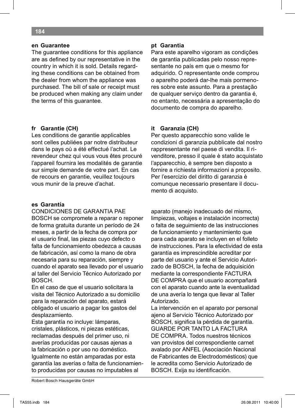 Bosch TASSIMO Multi-Getränke-Automat T55 TAS5542 opal black schwarz User Manual | Page 186 / 190
