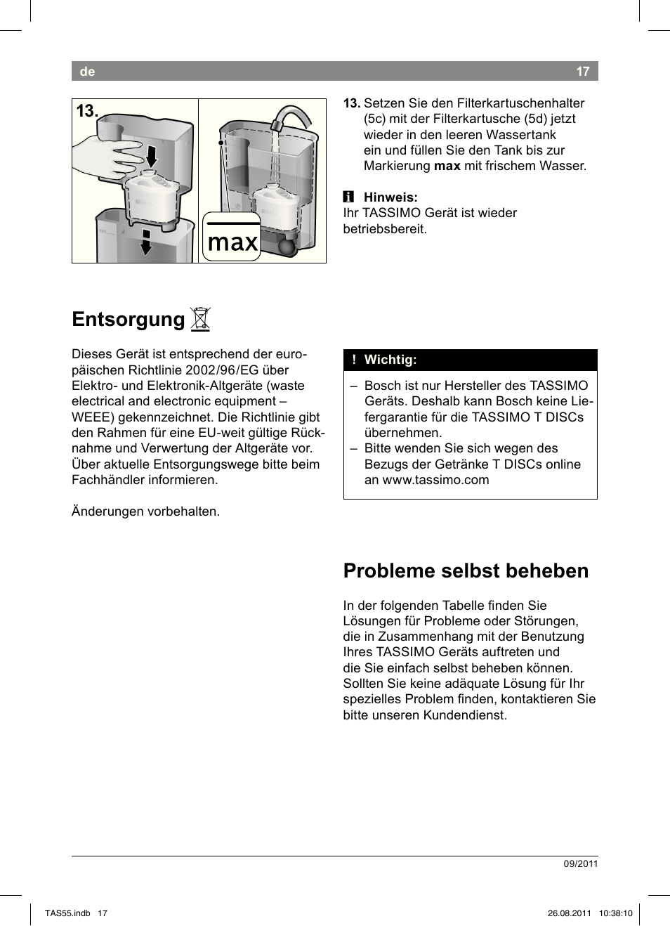 Entsorgung, Probleme!selbst!beheben | Bosch TASSIMO Multi-Getränke-Automat T55 TAS5542 opal black schwarz User Manual | Page 19 / 190