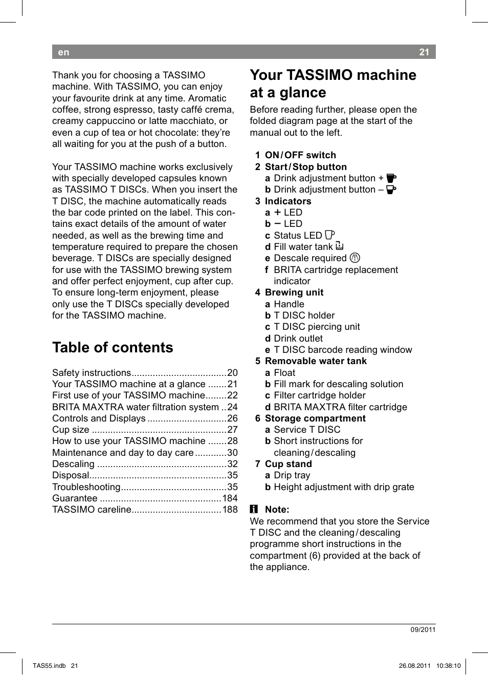 Table!of!contents, Your!tassimo!machine! at!a!glance | Bosch TASSIMO Multi-Getränke-Automat T55 TAS5542 opal black schwarz User Manual | Page 23 / 190