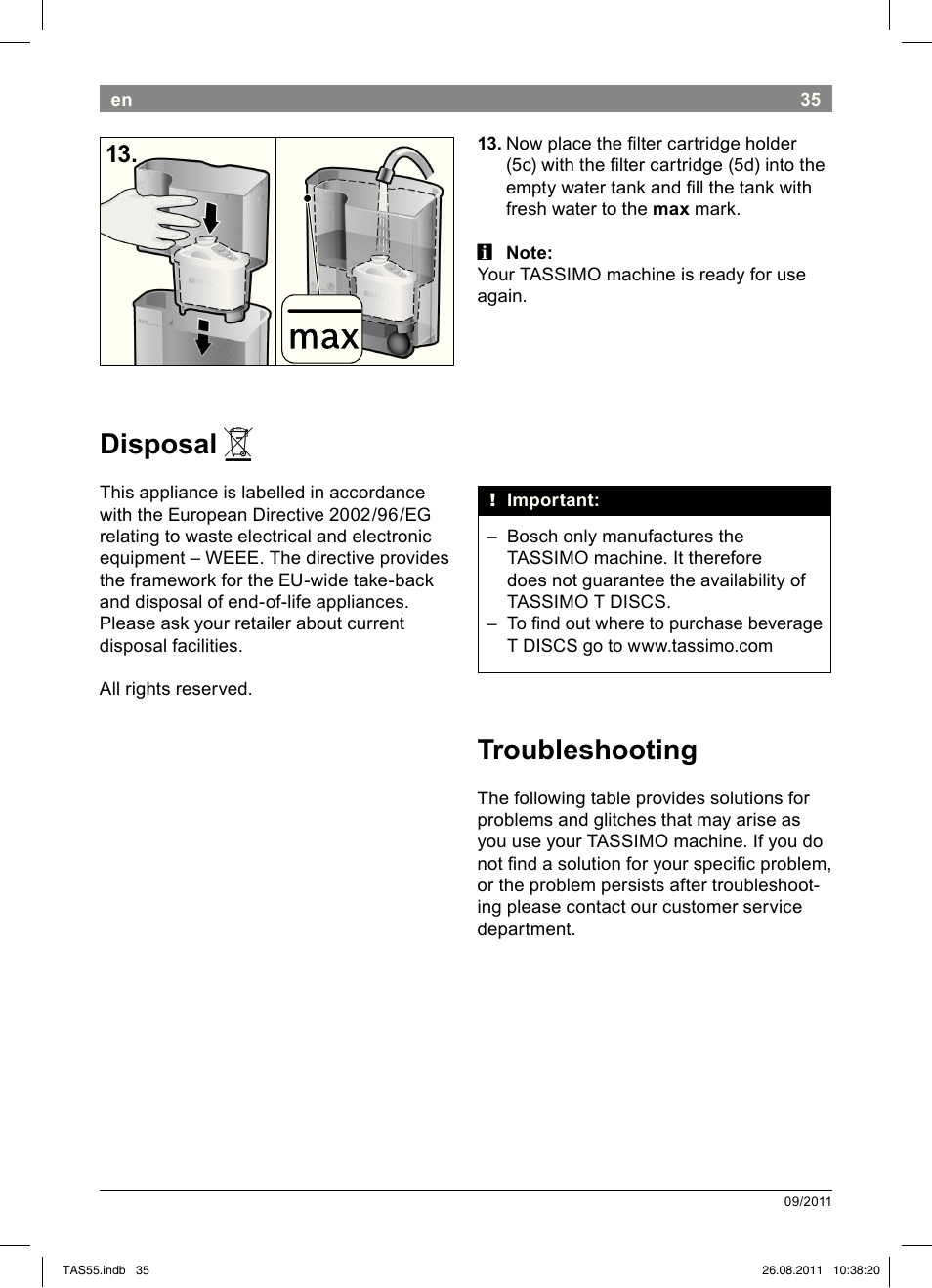 Disposal, Troubleshooting | Bosch TASSIMO Multi-Getränke-Automat T55 TAS5542 opal black schwarz User Manual | Page 37 / 190