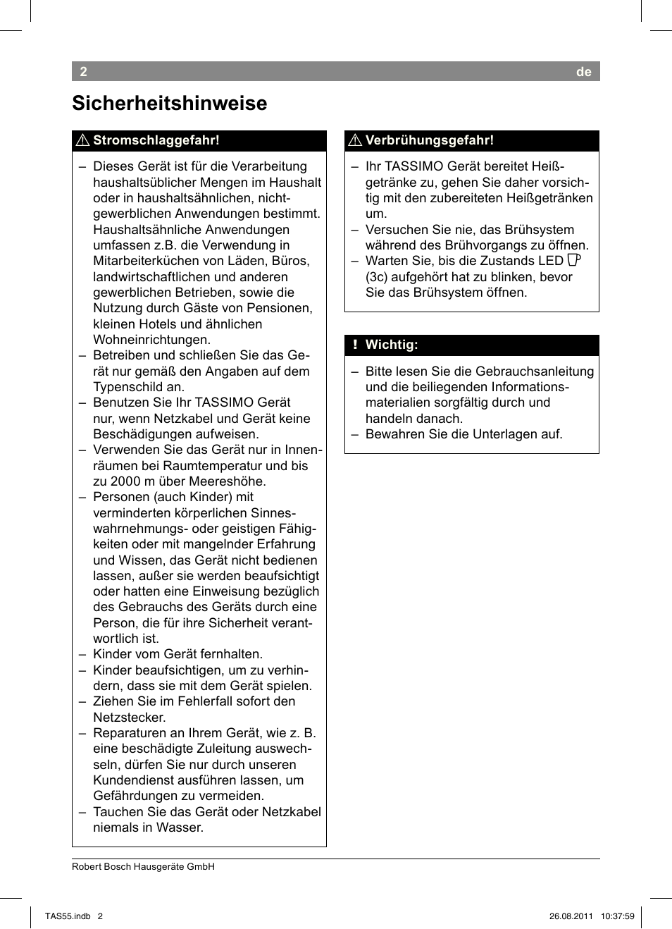 Sicherheitshinweise | Bosch TASSIMO Multi-Getränke-Automat T55 TAS5542 opal black schwarz User Manual | Page 4 / 190