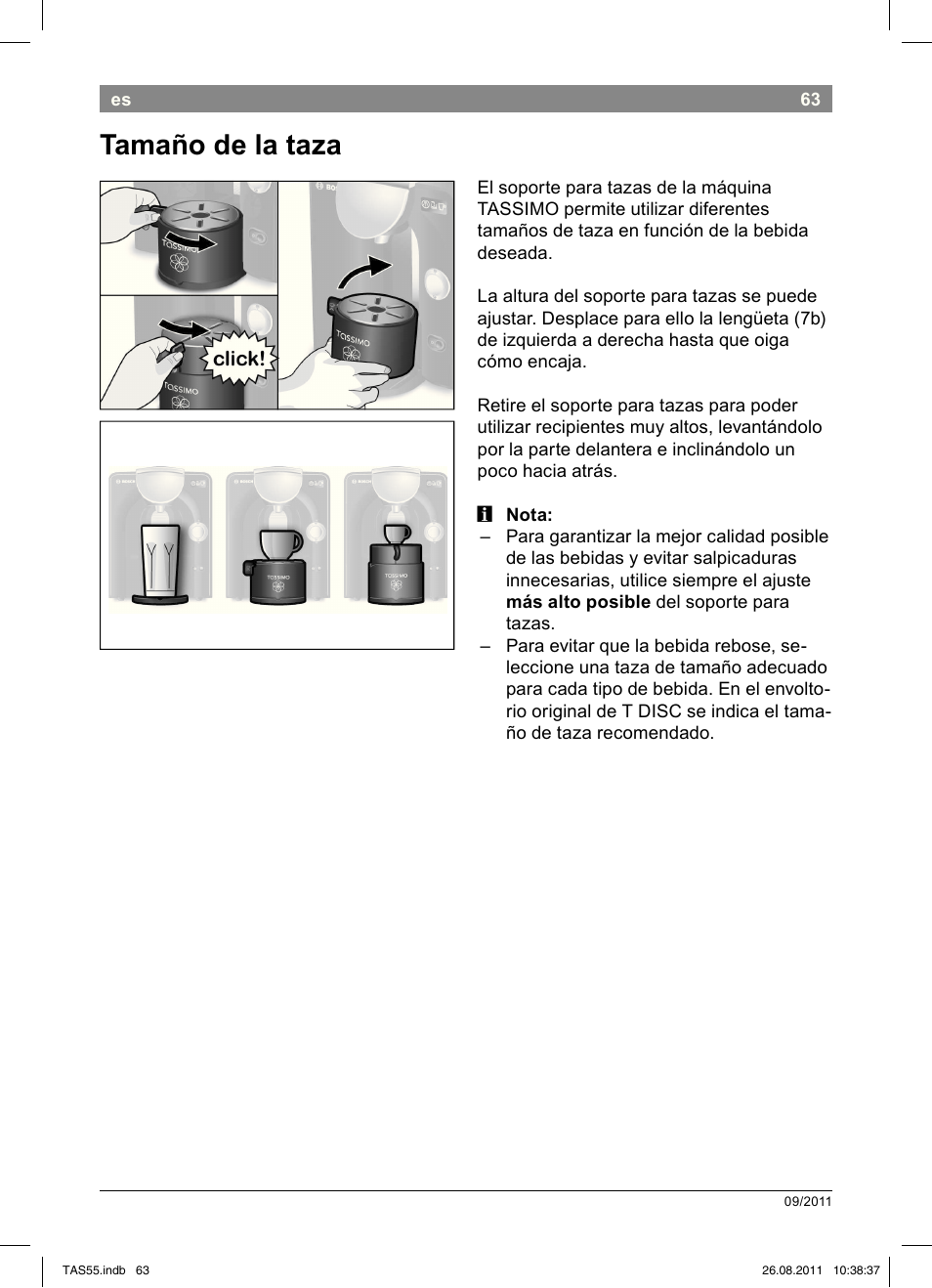 Tamaño!de!la!taza | Bosch TASSIMO Multi-Getränke-Automat T55 TAS5542 opal black schwarz User Manual | Page 65 / 190