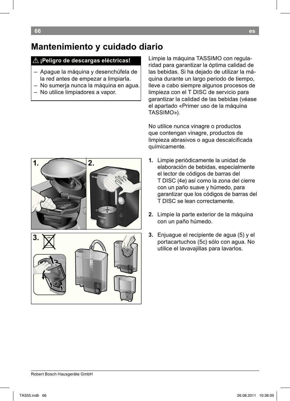 Mantenimiento!y!cuidado!diario | Bosch TASSIMO Multi-Getränke-Automat T55 TAS5542 opal black schwarz User Manual | Page 68 / 190