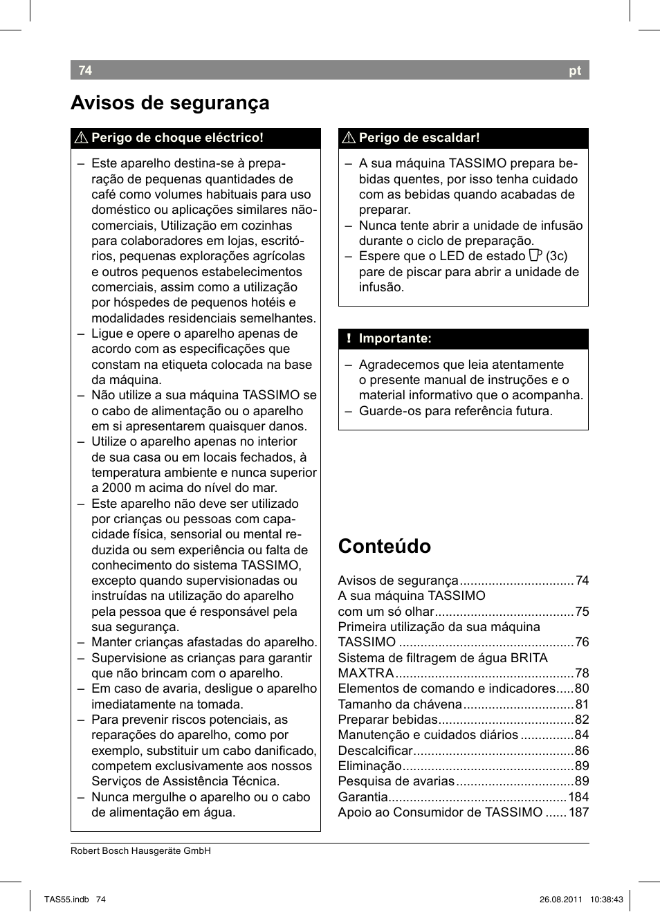 Avisos!de!segurança, Conteúdo | Bosch TASSIMO Multi-Getränke-Automat T55 TAS5542 opal black schwarz User Manual | Page 76 / 190