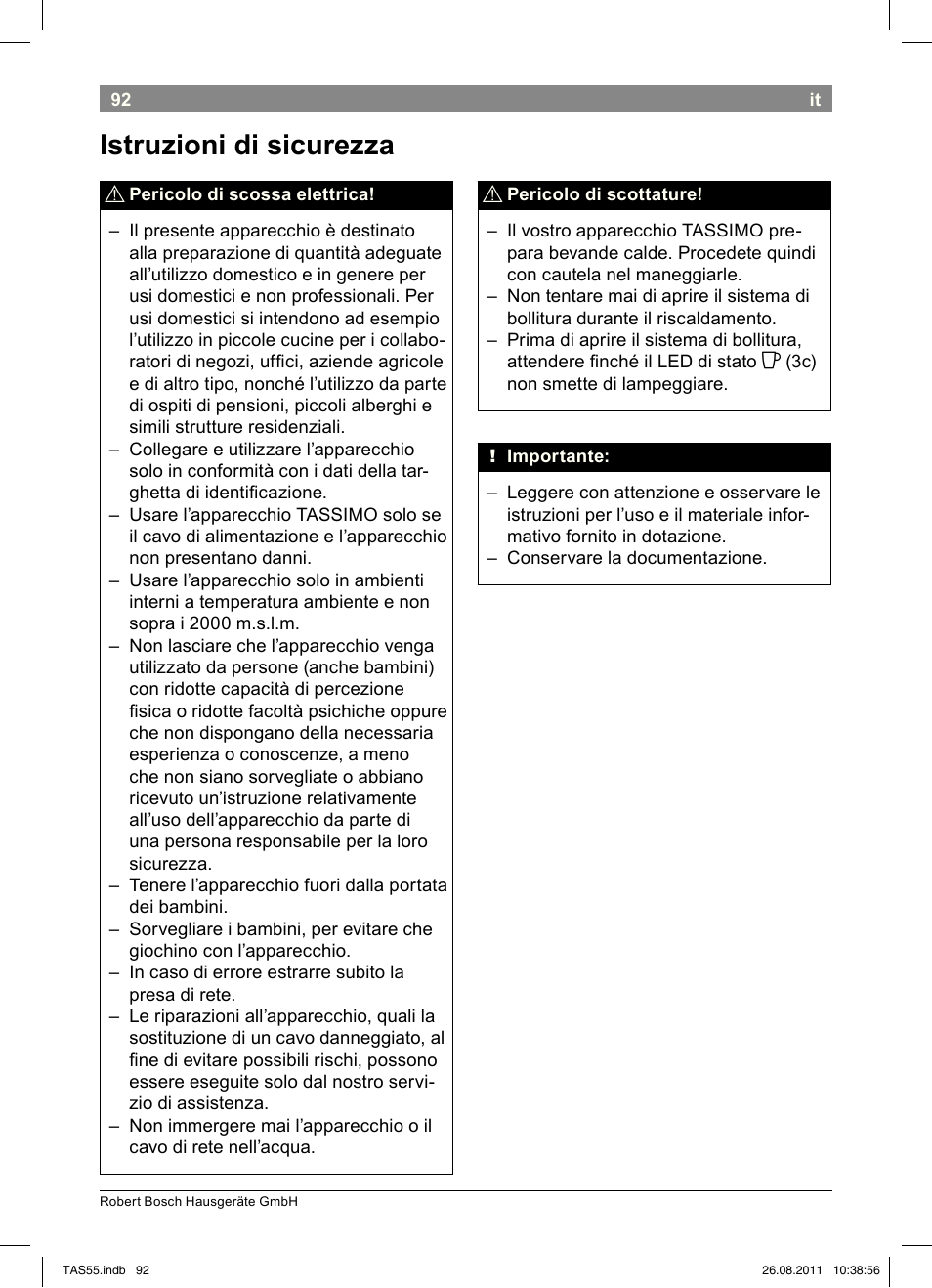 Istruzioni!di!sicurezza | Bosch TASSIMO Multi-Getränke-Automat T55 TAS5542 opal black schwarz User Manual | Page 94 / 190