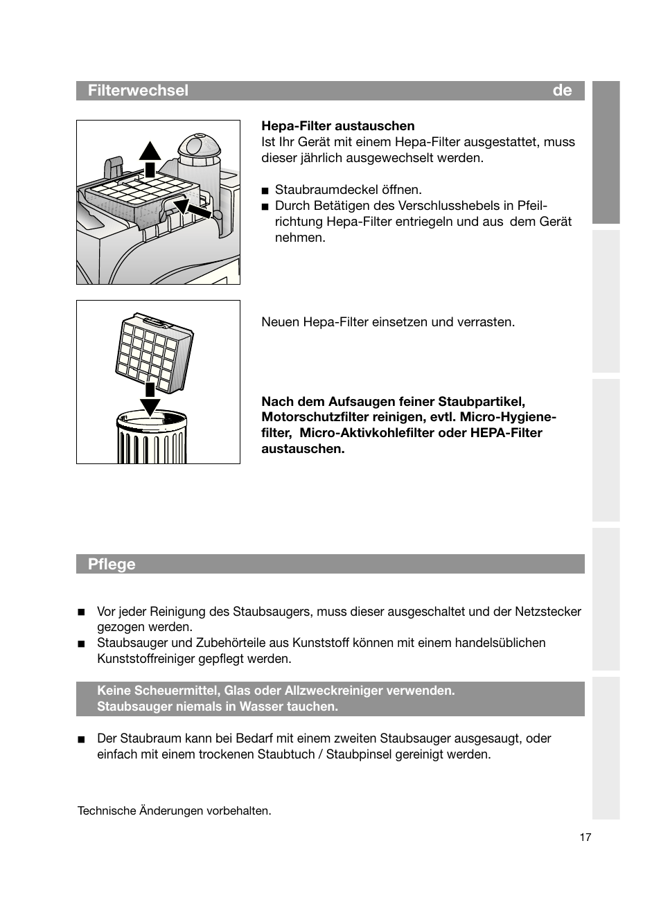 Filterwechsel, Pflege | Bosch Bodenstaubsauger Beutel BSG61666 nordkapblau-metallic Bosch logo compressor technology hepa User Manual | Page 17 / 100