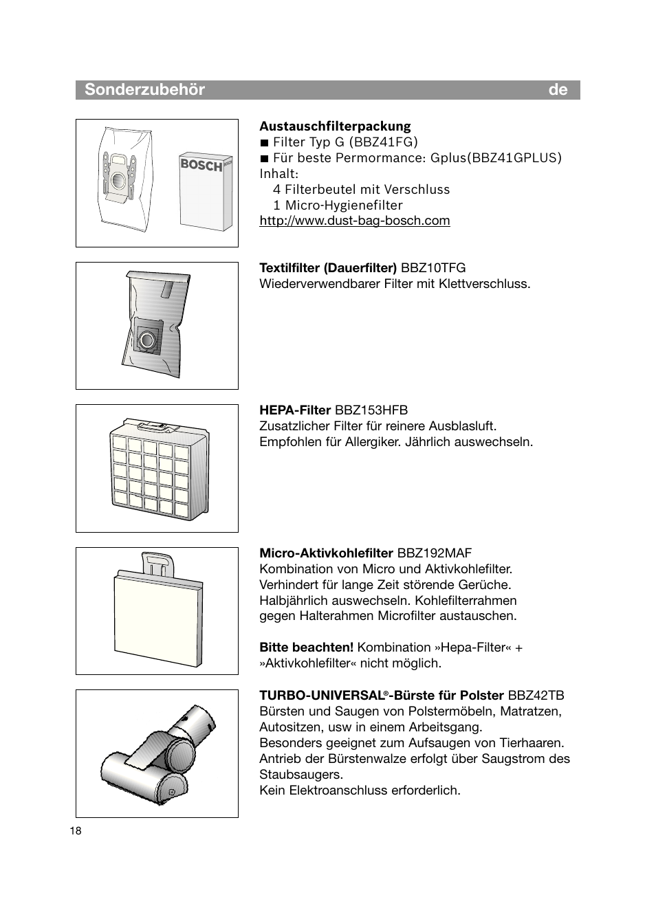 De sonderzubehör de | Bosch Bodenstaubsauger Beutel BSG61666 nordkapblau-metallic Bosch logo compressor technology hepa User Manual | Page 18 / 100