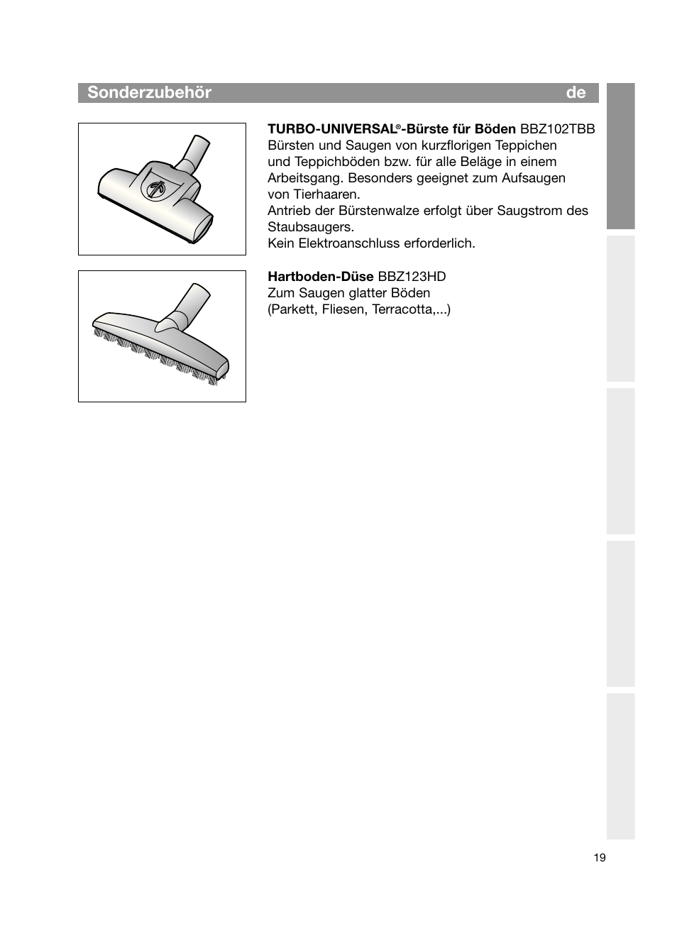 Sonderzubehör de | Bosch Bodenstaubsauger Beutel BSG61666 nordkapblau-metallic Bosch logo compressor technology hepa User Manual | Page 19 / 100
