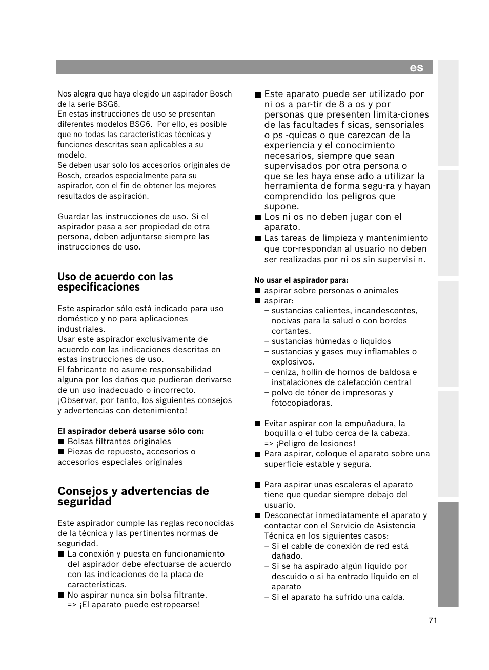 Uso de acuerdo con las especificaciones, Consejos y advertencias de seguridad | Bosch Bodenstaubsauger Beutel BSG61666 nordkapblau-metallic Bosch logo compressor technology hepa User Manual | Page 71 / 100