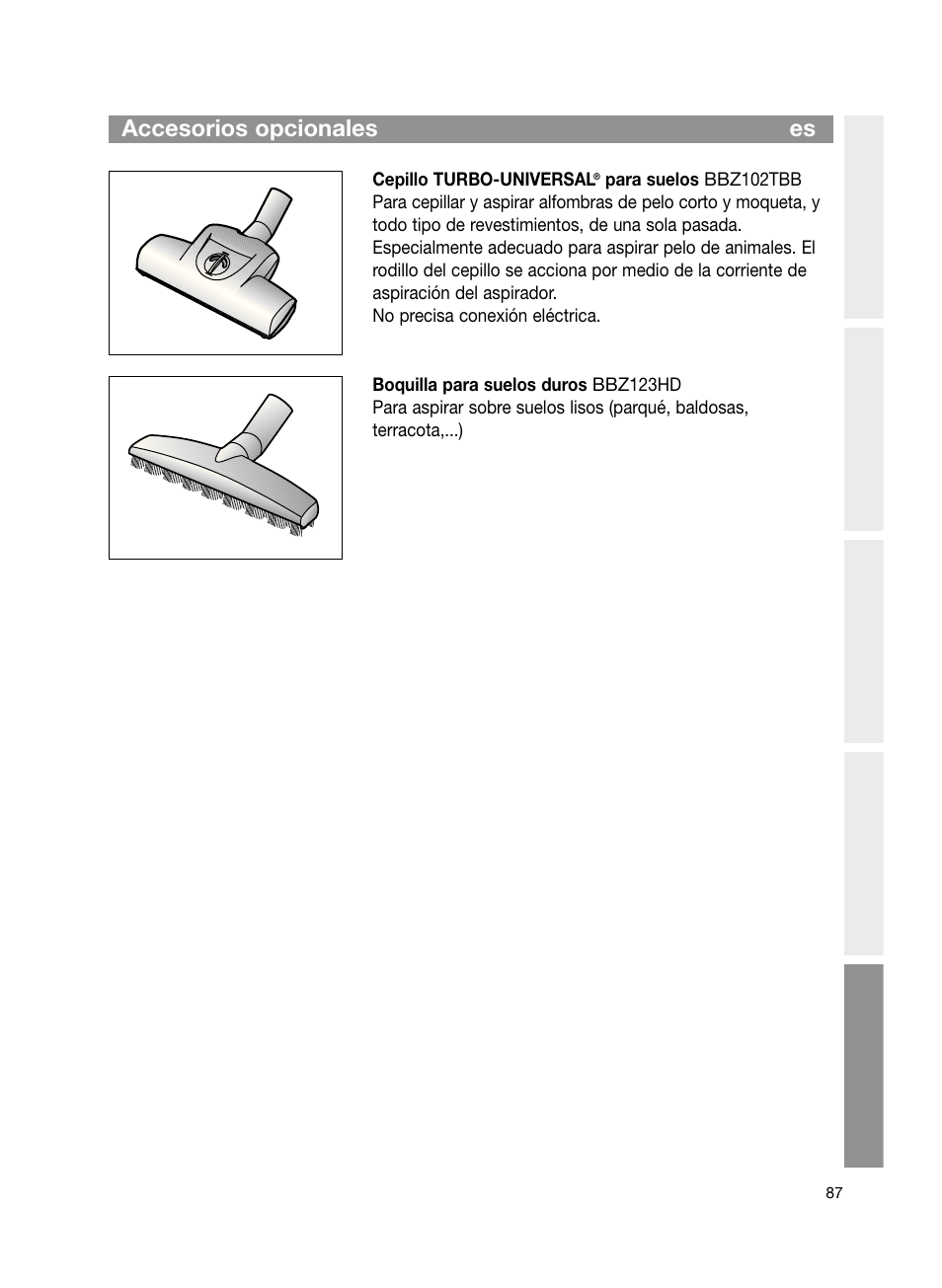 Accesorios opcionales es | Bosch Bodenstaubsauger Beutel BSG61666 nordkapblau-metallic Bosch logo compressor technology hepa User Manual | Page 87 / 100