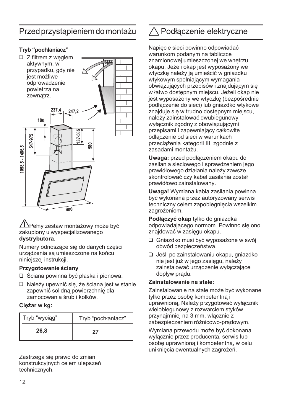 Przed przystąpieniem do montażu, Podłączenie elektryczne | Bosch DWK09M720 Polar Weiß Wandesse 90 cm Schräg-Essen-Design User Manual | Page 12 / 32