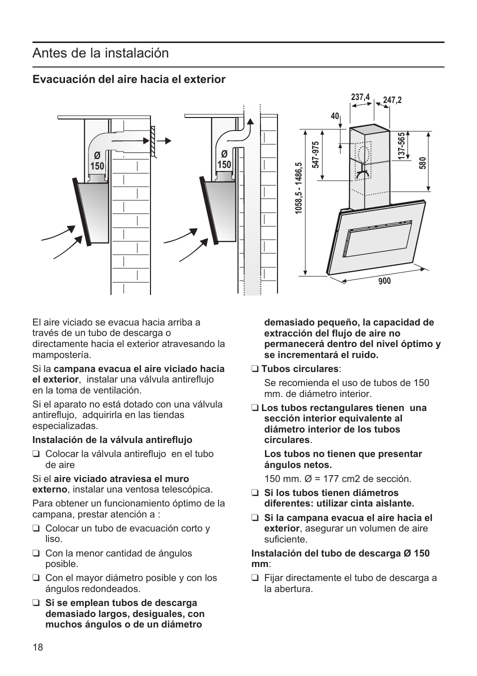 Antes de la instalación | Bosch DWK09M720 Polar Weiß Wandesse 90 cm Schräg-Essen-Design User Manual | Page 18 / 32