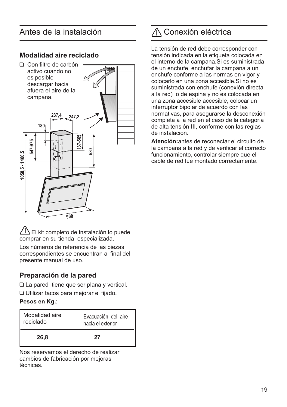 Antes de la instalación, Conexión eléctrica | Bosch DWK09M720 Polar Weiß Wandesse 90 cm Schräg-Essen-Design User Manual | Page 19 / 32