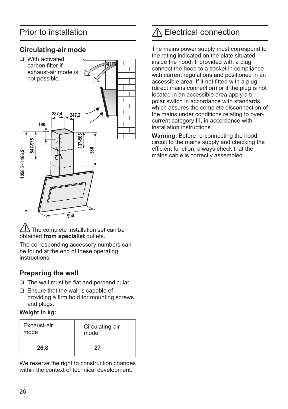 Prior to installation, Electrical connection | Bosch DWK09M720 Polar Weiß Wandesse 90 cm Schräg-Essen-Design User Manual | Page 26 / 32