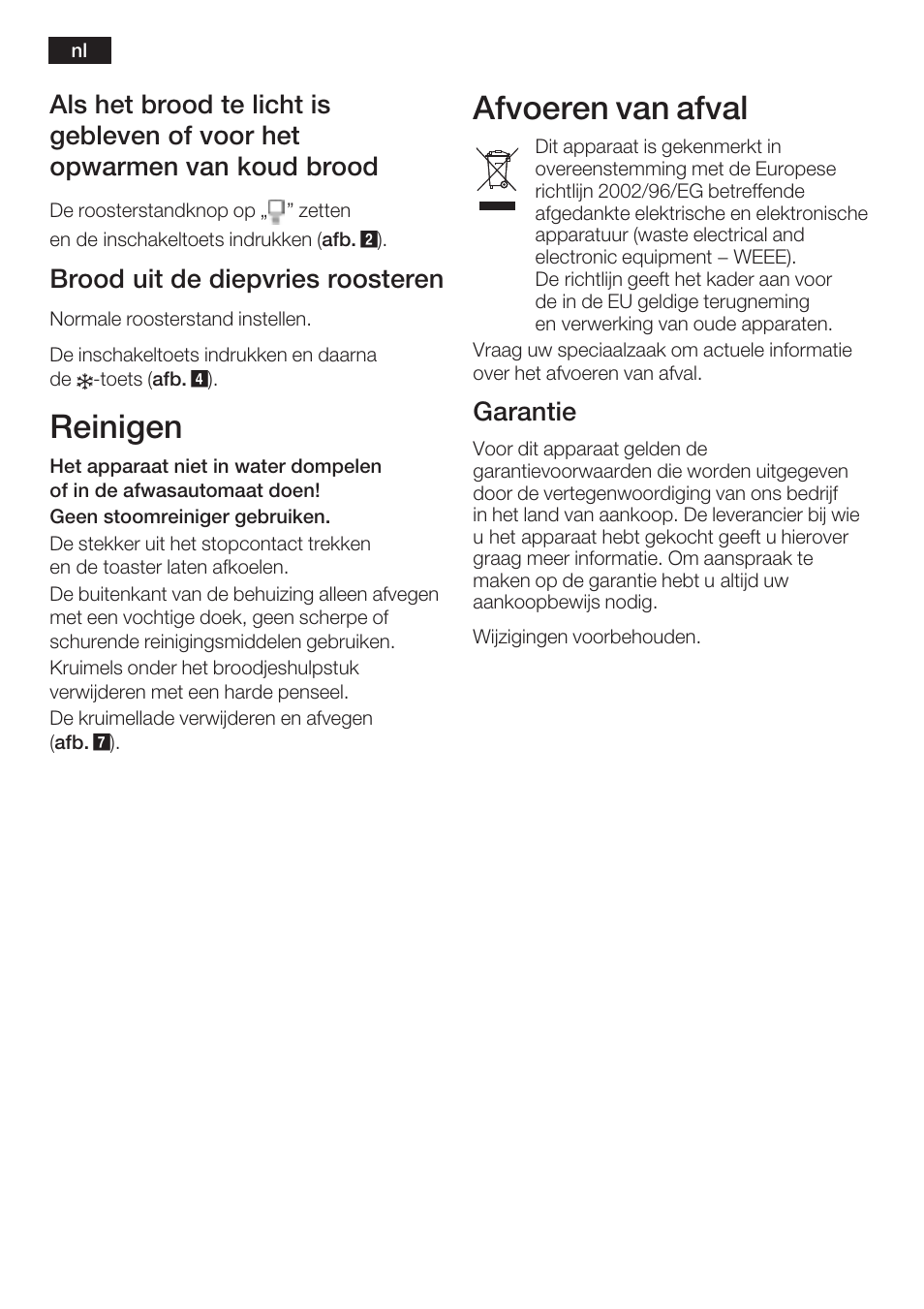 Reinigen, Afvoeren van afval, Brood uit de diepvries roosteren | Garantie | Bosch TAT6313 User Manual | Page 11 / 46