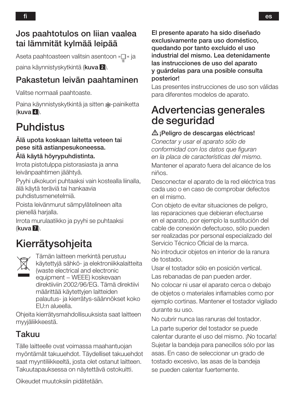 Puhdistus, Kierrätysohjeita, Advertencias generales de seguridad | Pakastetun leivän paahtaminen, Takuu | Bosch TAT6313 User Manual | Page 18 / 46