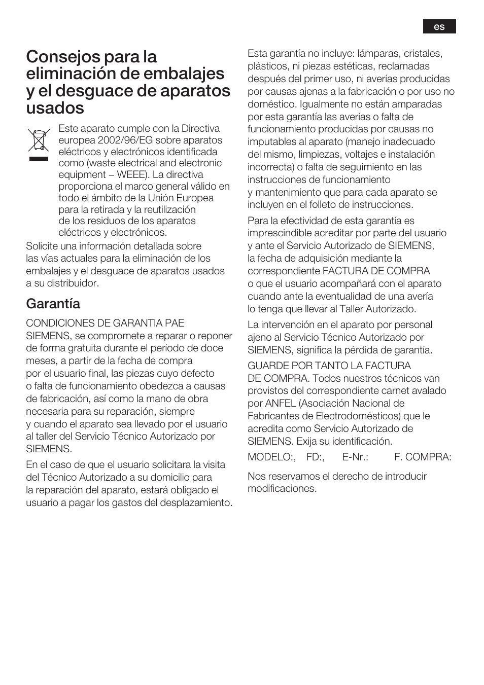 Garantía | Bosch TAT6313 User Manual | Page 20 / 46