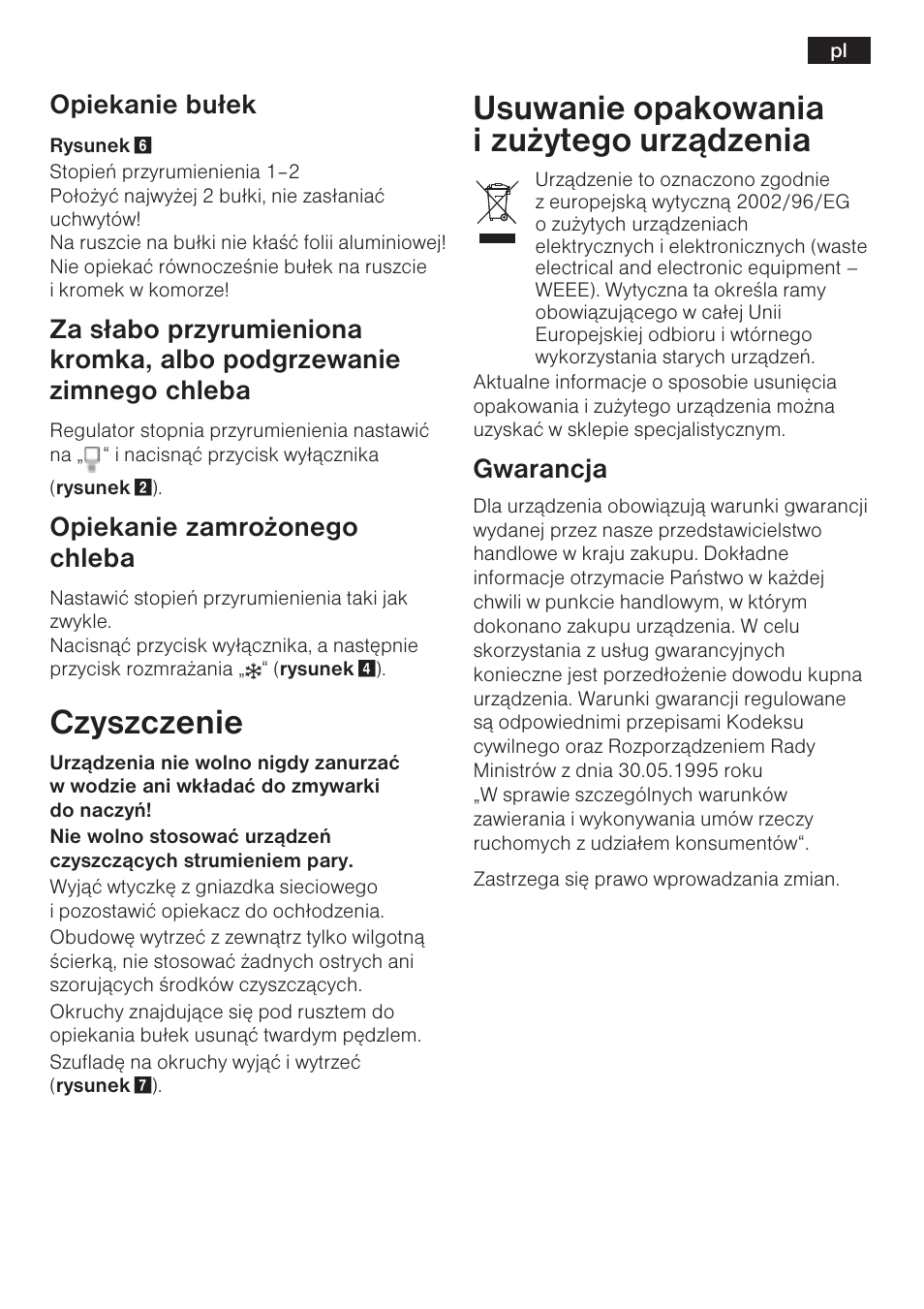 Czyszczenie, Usuwanie opakowania i zu¿ytego urz¹dzenia, 27 opiekanie bu³ek | Opiekanie zamro¿onego chleba, Gwarancja | Bosch TAT6313 User Manual | Page 28 / 46