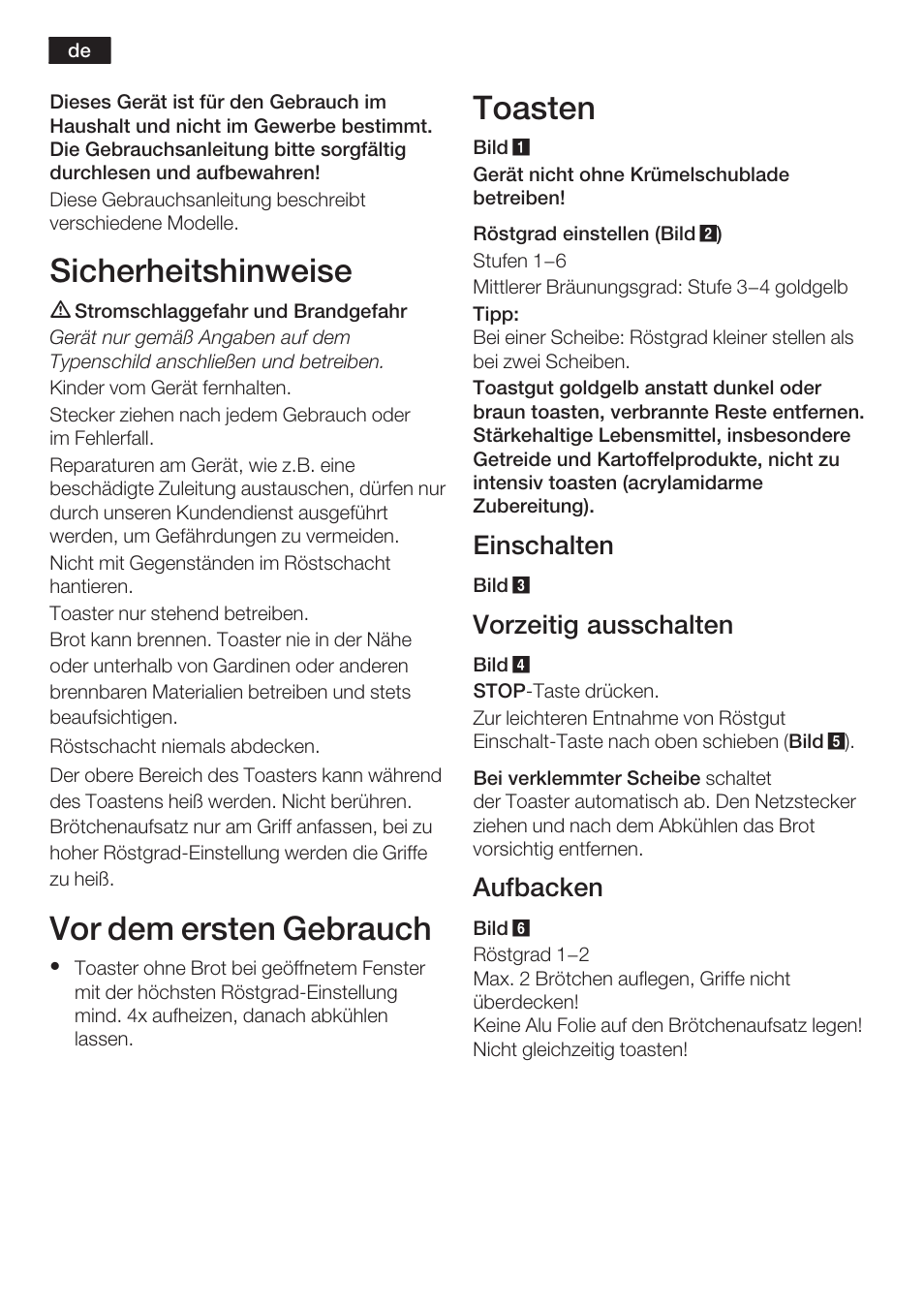 Sicherheitshinweise, Vor dem ersten gebrauch, Toasten | Einschalten, Vorzeitig ausschalten, Aufbacken | Bosch TAT6313 User Manual | Page 3 / 46