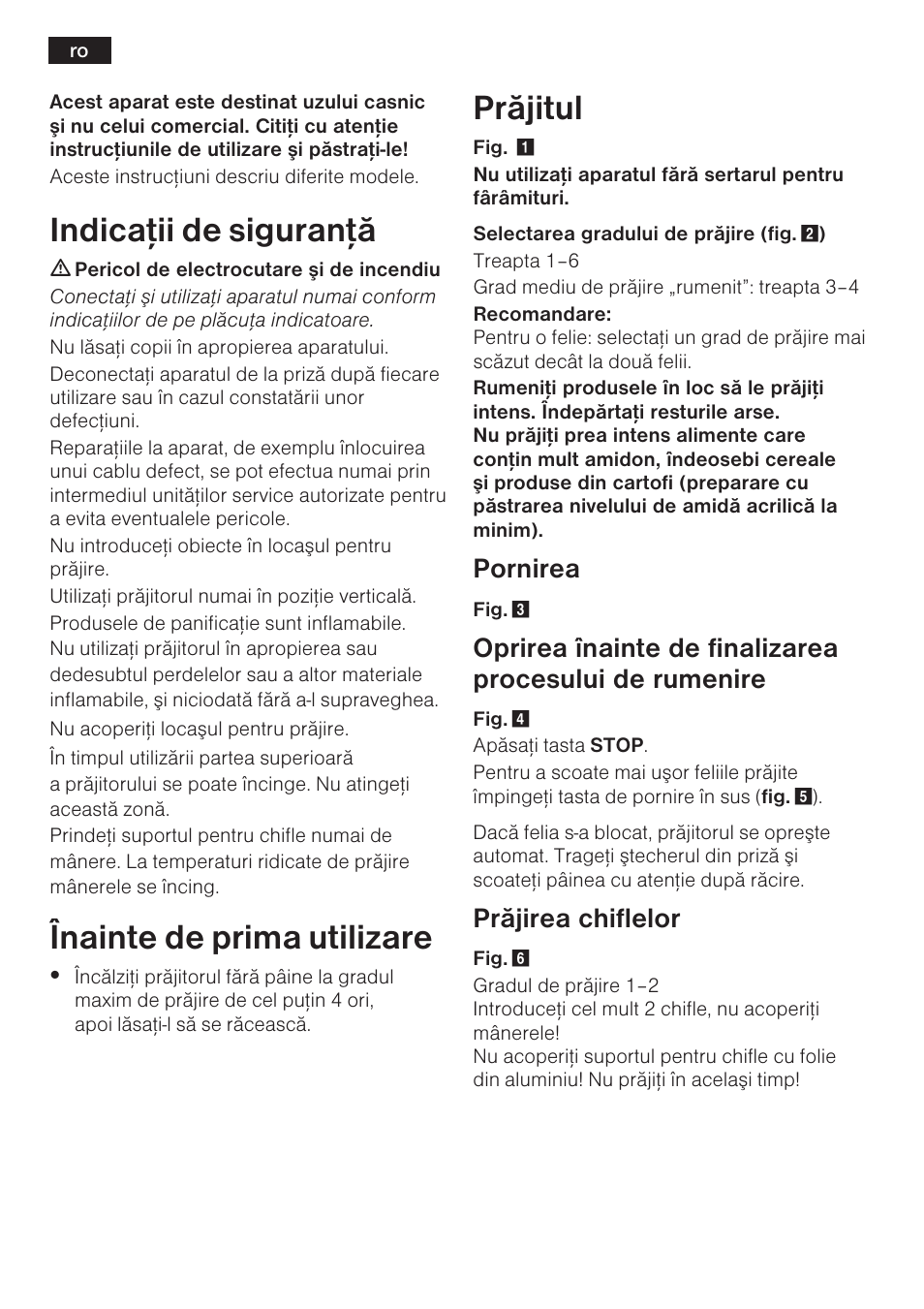 Indicaþii de siguranþã, Înainte de prima utilizare, Prãjitul | Pornirea, Prãjirea chiflelor | Bosch TAT6313 User Manual | Page 31 / 46