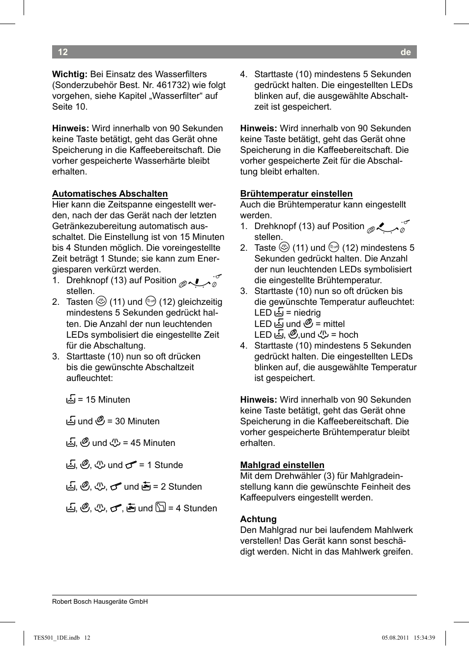 Bosch TES50159DE VeroCafe Kaffeevollautomat schwarz User Manual | Page 12 / 78