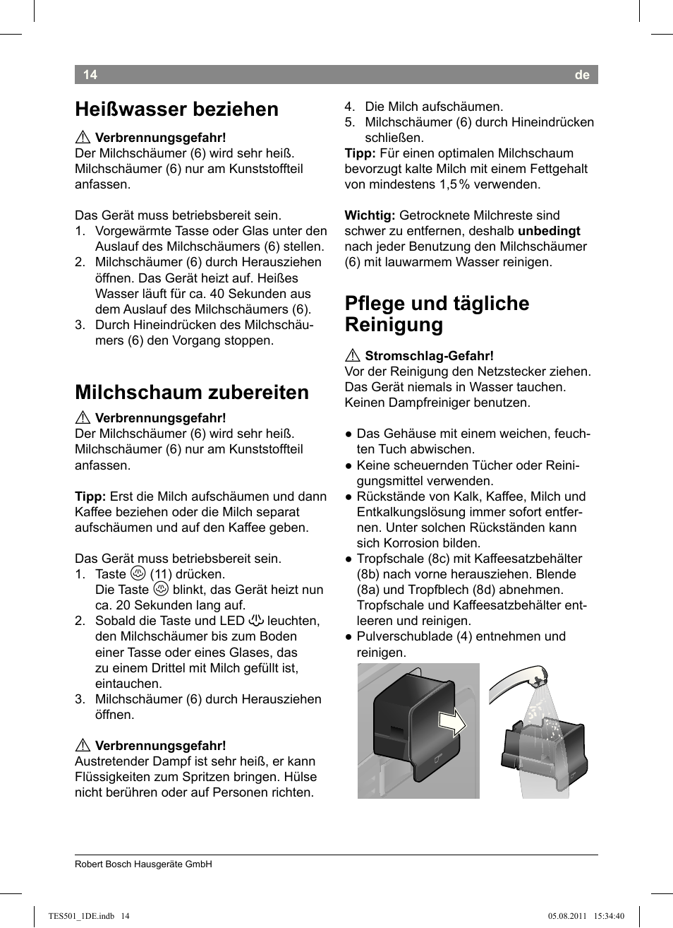 Heißwasser beziehen, Milchschaum zubereiten, Pﬂ ege und tägliche reinigung | Bosch TES50159DE VeroCafe Kaffeevollautomat schwarz User Manual | Page 14 / 78