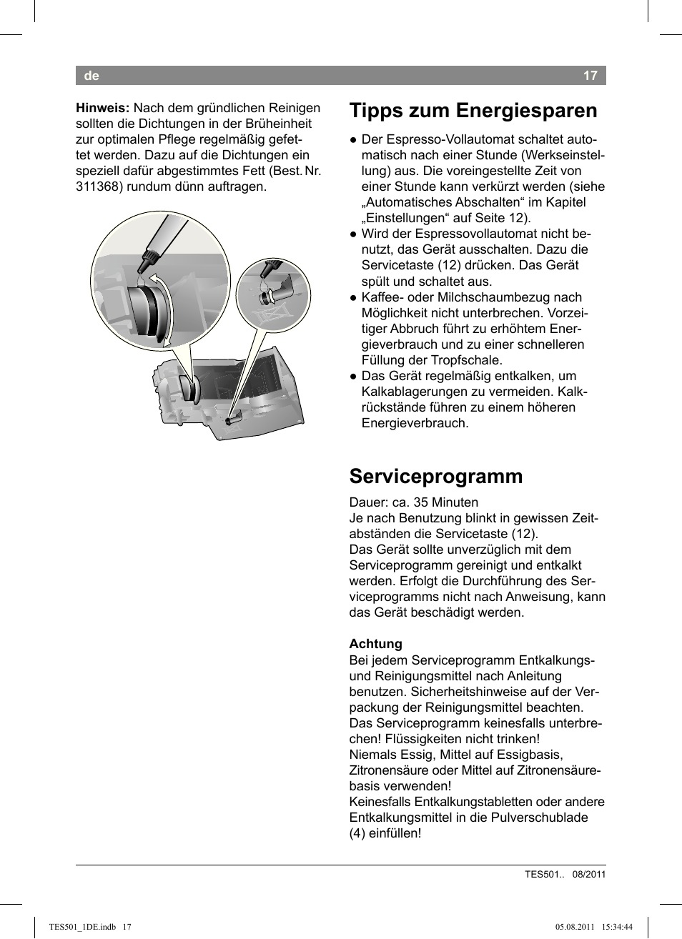 Tipps zum energiesparen, Serviceprogramm | Bosch TES50159DE VeroCafe Kaffeevollautomat schwarz User Manual | Page 17 / 78