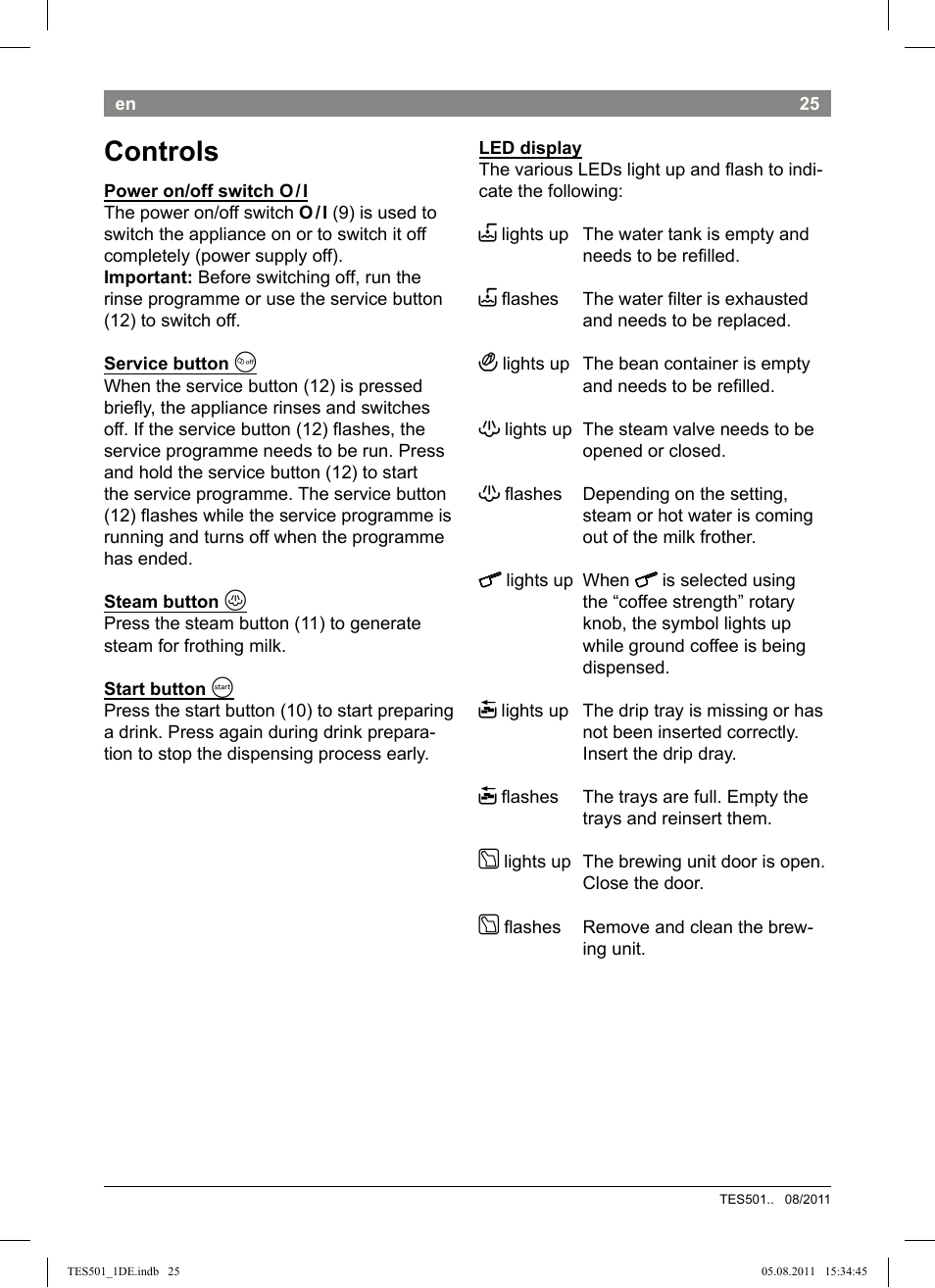 Controls | Bosch TES50159DE VeroCafe Kaffeevollautomat schwarz User Manual | Page 25 / 78