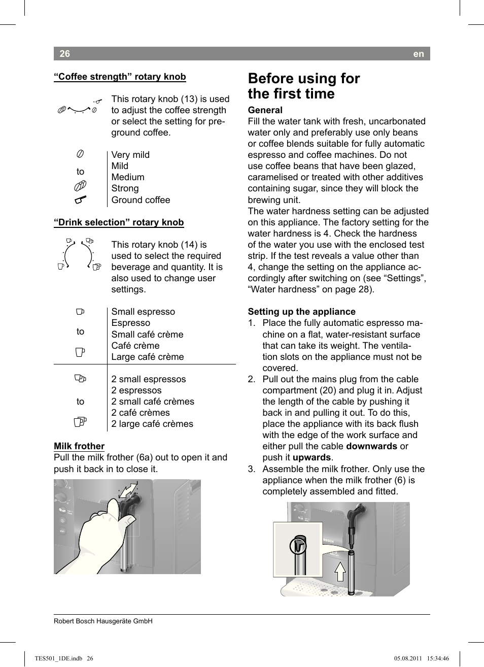 Before using for the i rst time | Bosch TES50159DE VeroCafe Kaffeevollautomat schwarz User Manual | Page 26 / 78