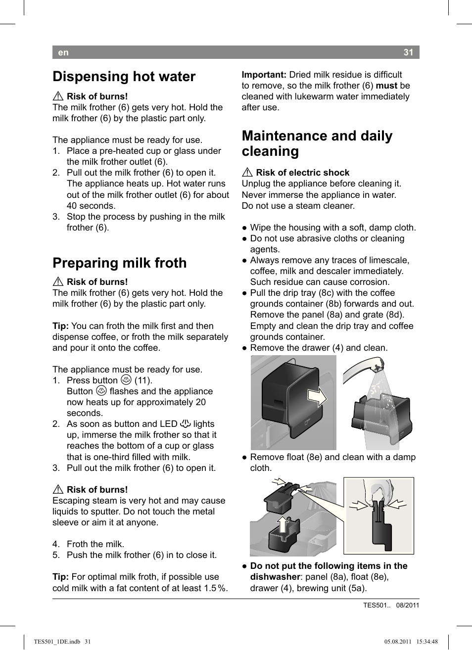 Dispensing hot water, Preparing milk froth, Maintenance and daily cleaning | Bosch TES50159DE VeroCafe Kaffeevollautomat schwarz User Manual | Page 31 / 78