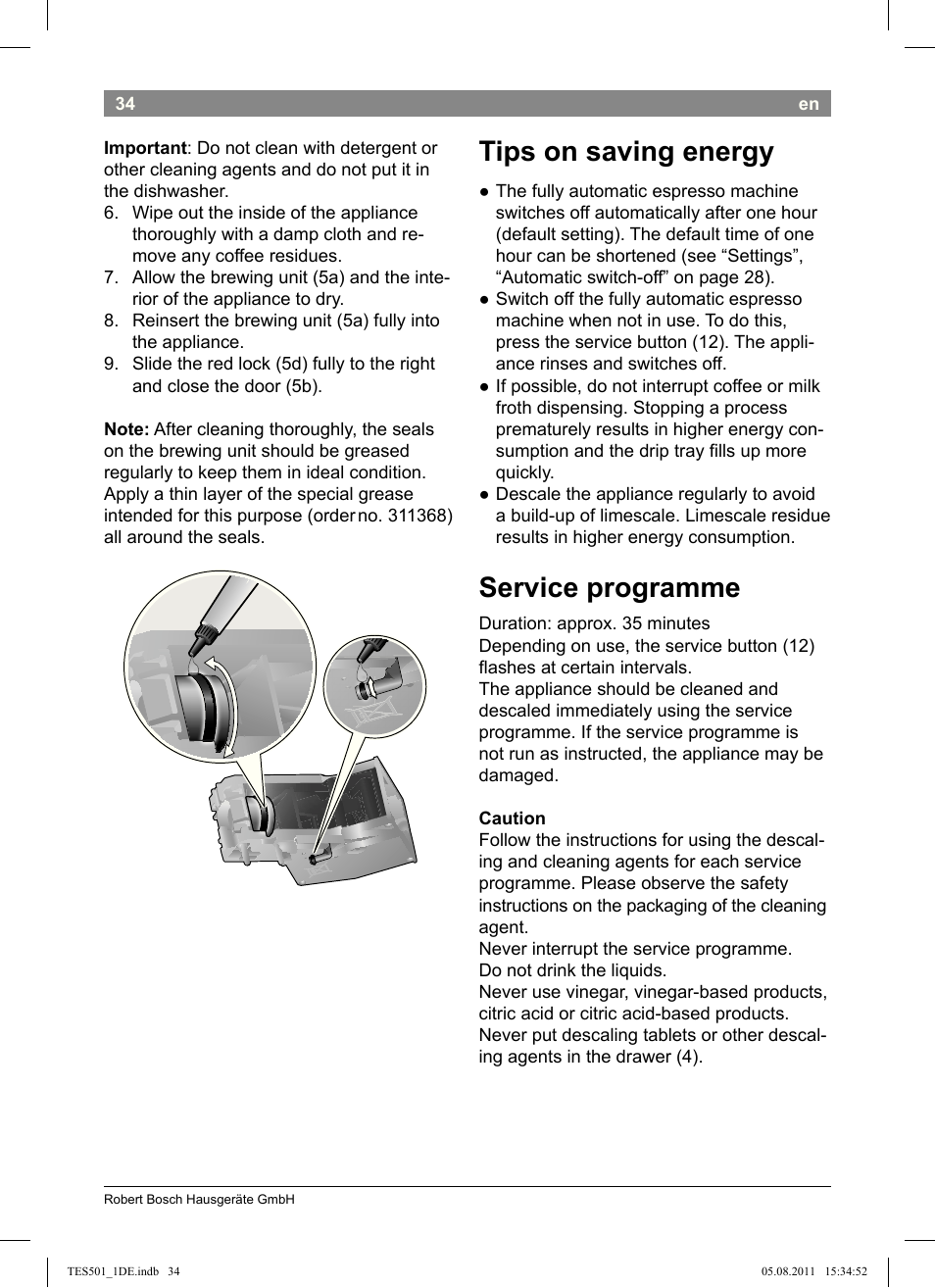 Tips on saving energy, Service programme | Bosch TES50159DE VeroCafe Kaffeevollautomat schwarz User Manual | Page 34 / 78