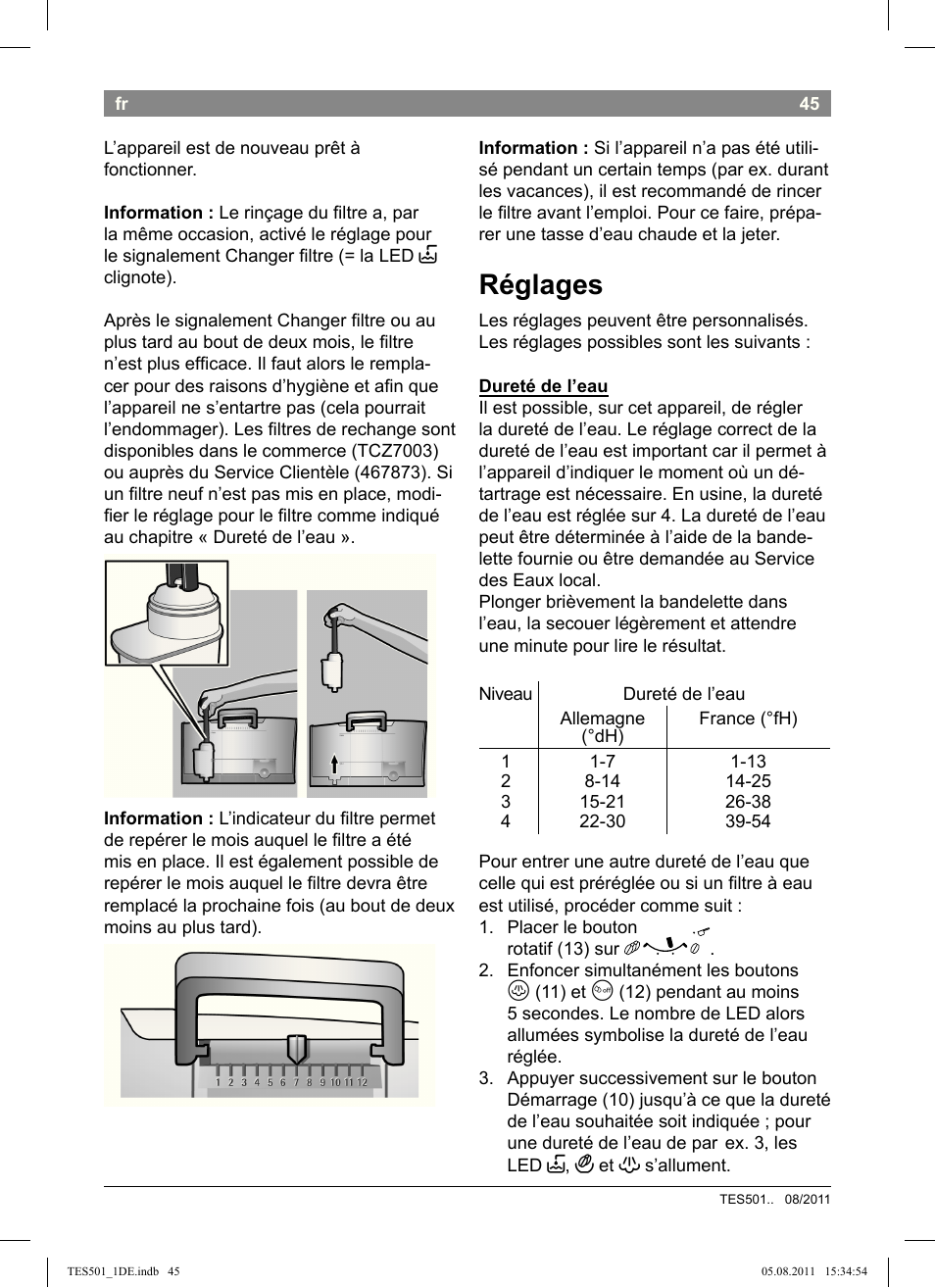 Réglages | Bosch TES50159DE VeroCafe Kaffeevollautomat schwarz User Manual | Page 45 / 78